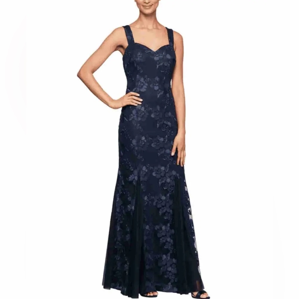 Alex Evenings Floral Lace Dress Gown with Chiffon Jacket, Navy
Size: 12